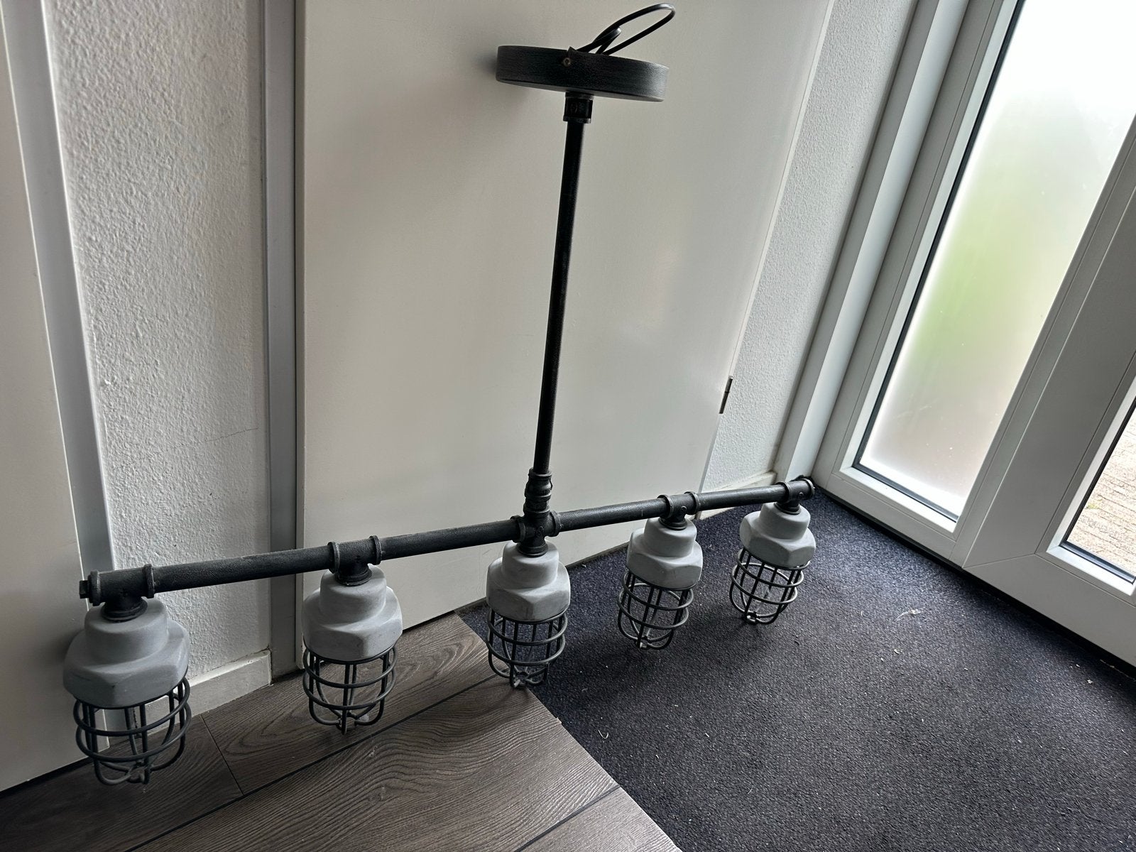 Industriële hanglamp met 5 kooilampen, Ophalen, Gebruikt, Metaal