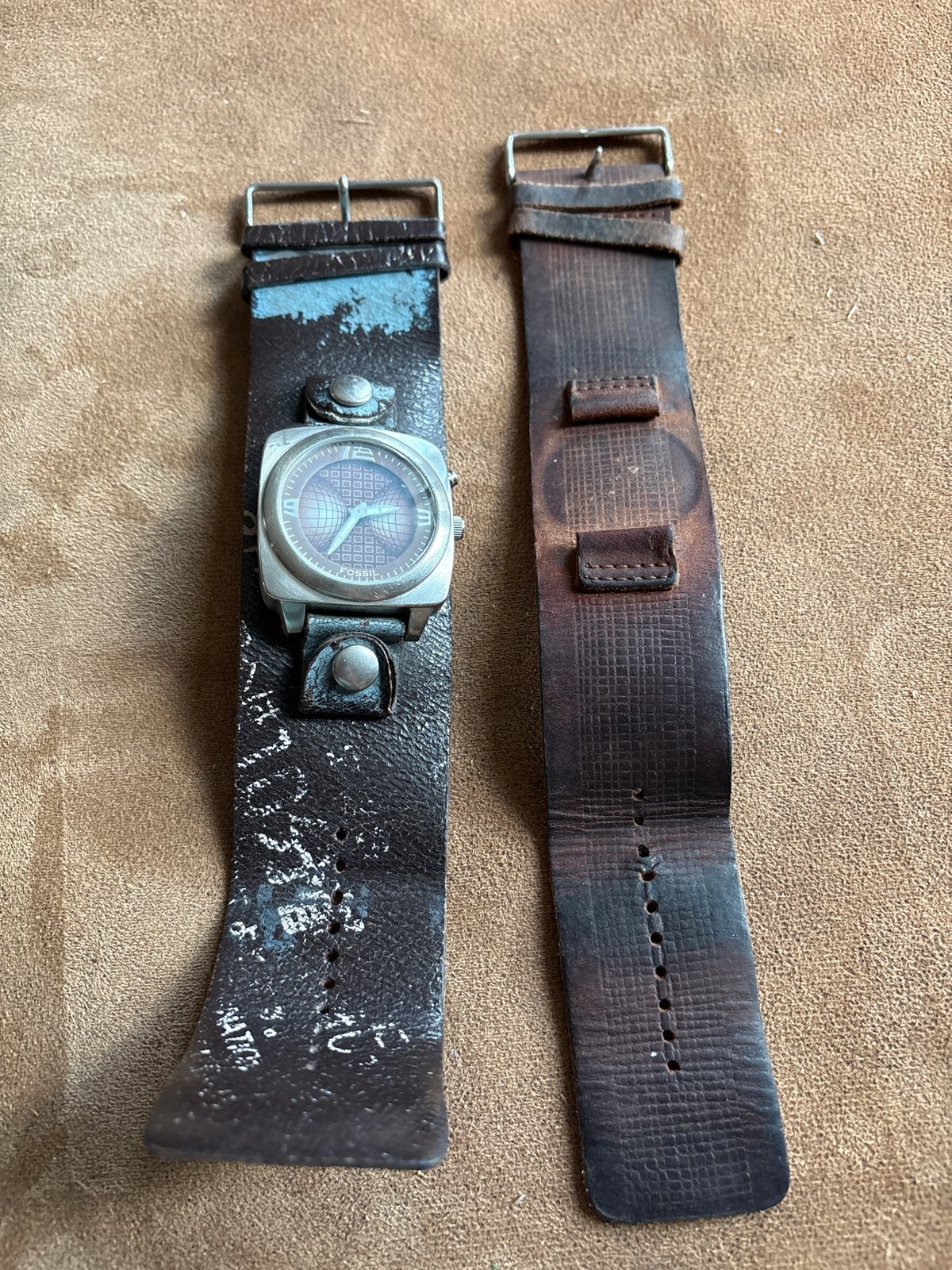 Fossil horloge met brede band en extra band, Sieraden, Tassen en Uiterlijk, Staal, Polshorloge, Ophalen, Overige merken