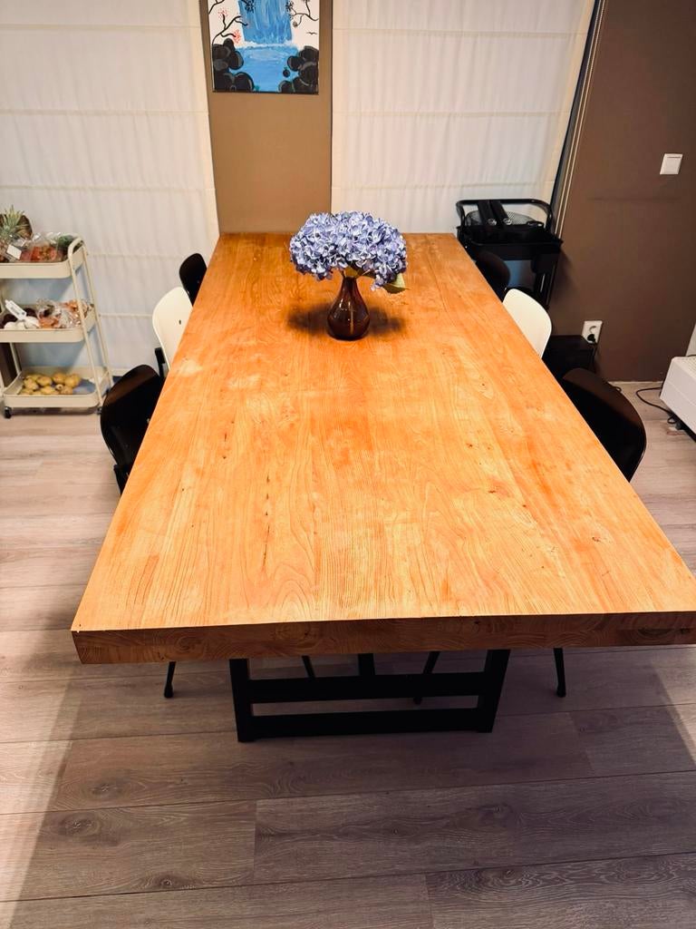 Robuuste Drijfhouten Tafel met Zwart Stalen Onderstel, Ophalen, Gebruikt, 100 tot 150 cm, 200 cm of meer