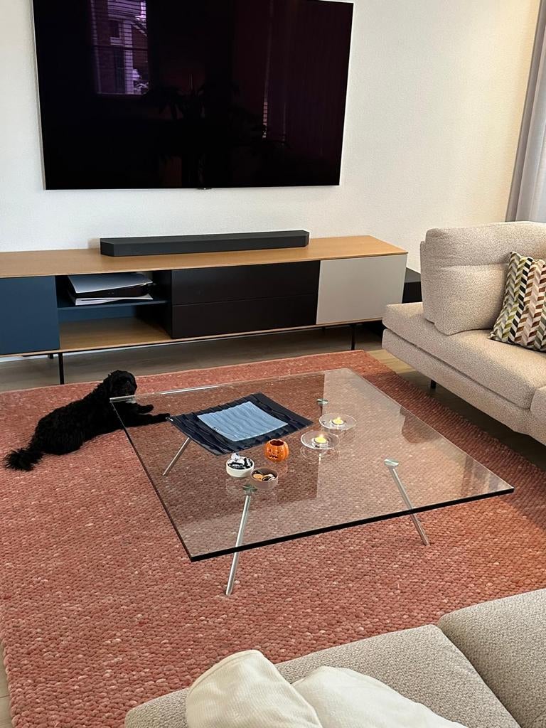 Maupertuus glazen salontafel 110x110x30 PERFECTE STAAT, Huis en Inrichting, Ophalen, 100 tot 150 cm, Design, Vierkant