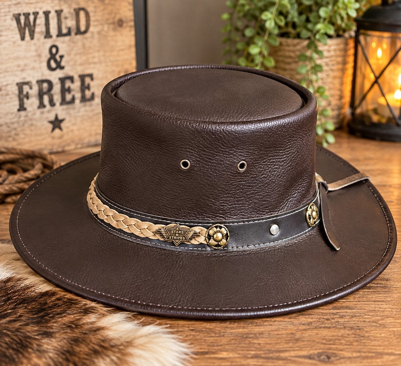 Leren Western Cowboyhoed - Zo goed als nieuw, Ophalen, Zo goed als nieuw, Stars & Stripes, Hoed