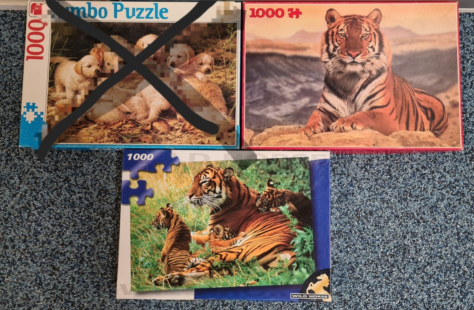 2 legpuzzels van 1000 stukjes met tijgers Jumbo en Wildhorse, Hobby en Vrije tijd, Ophalen of Verzenden, 500 t/m 1500 stukjes