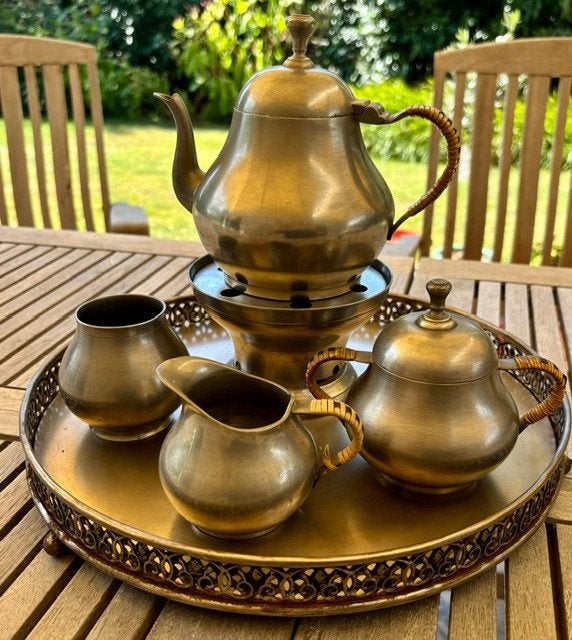TINNEN KOFFIESET OP ROND DIENBLAD, Ophalen of Verzenden