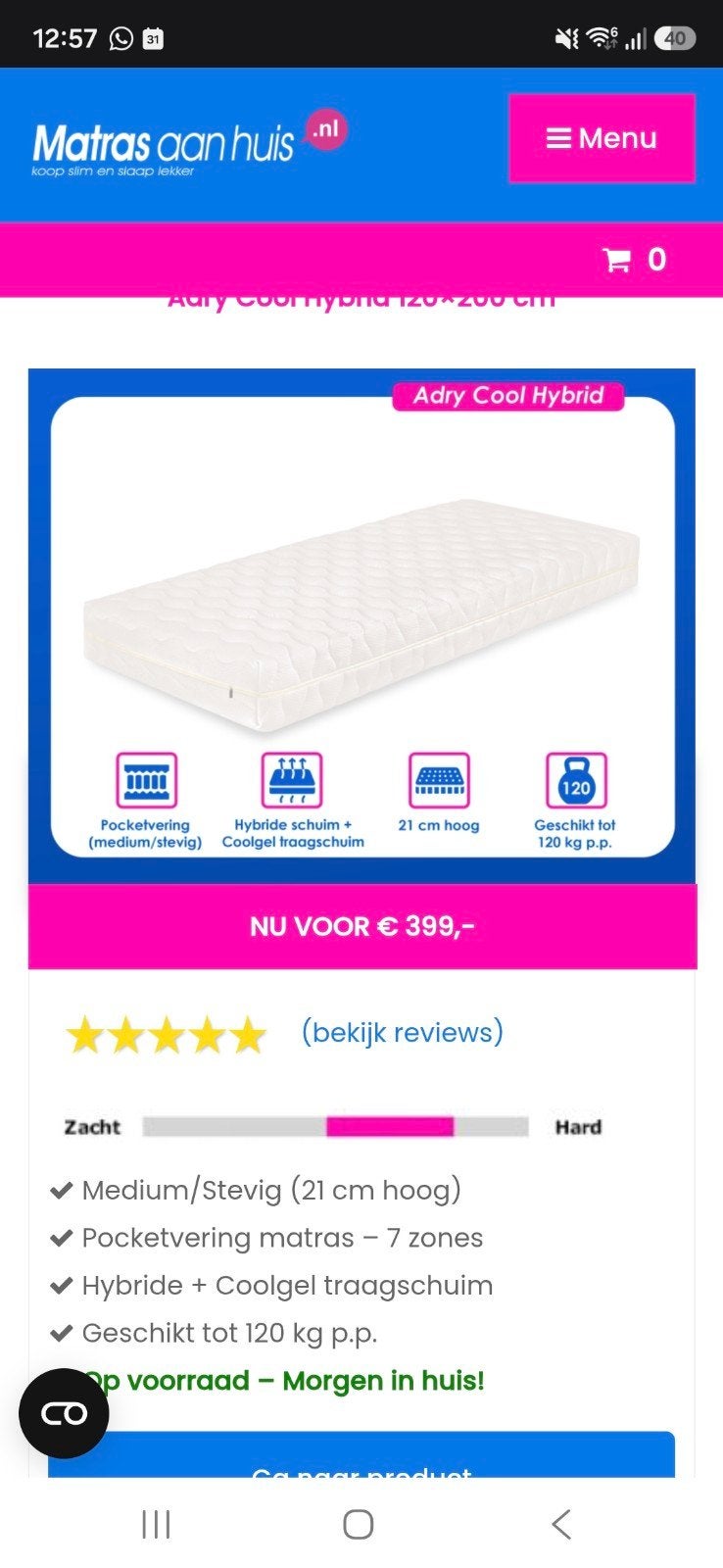 Adry Cool Hybrid matras 120x200 cm - Zo goed als nieuw, Ophalen of Verzenden