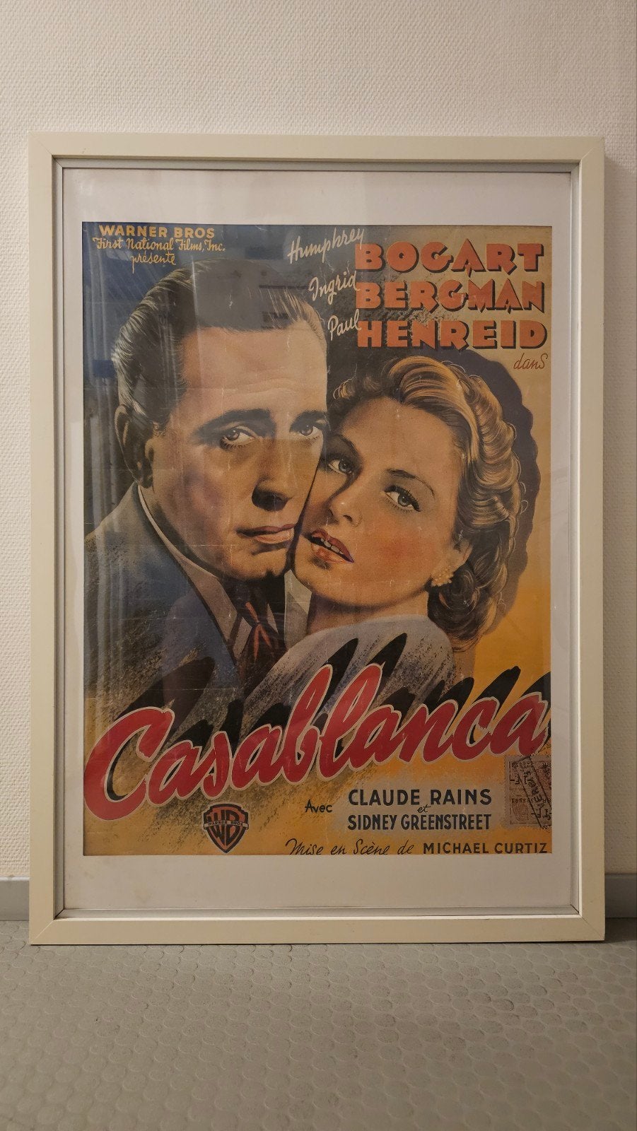 Ingelijste Vintage Franse Filmposter "Casablanca" 1946, Verzamelen, Gebruikt, Met lijst, Ophalen of Verzenden, A1 t/m A3