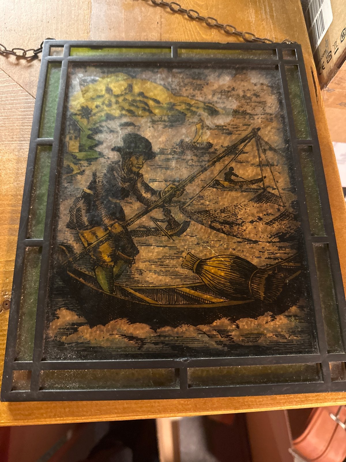 Antiek glas-in-lood paneel met vissersscène, Ophalen