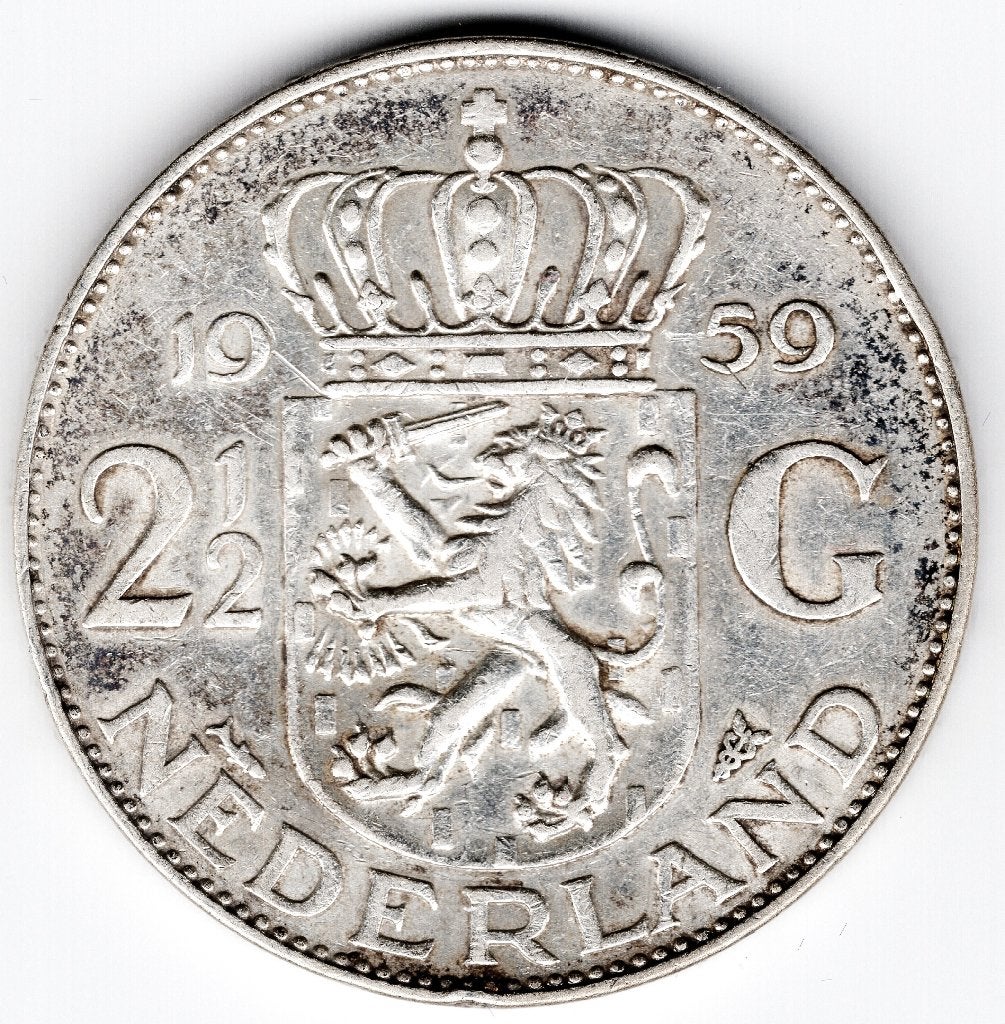 Nederland: 2 zilveren 2,5 GULDENS 1959 + 1960    >B, Postzegels en Munten, Koningin Juliana, Setje, Zilver, Ophalen of Verzenden