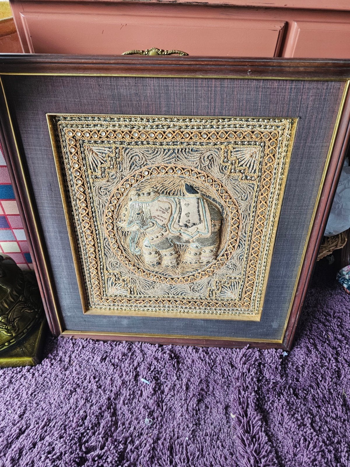 Ingelijste Indiase olifant borduurkunst, Ophalen of Verzenden, Gebruikt