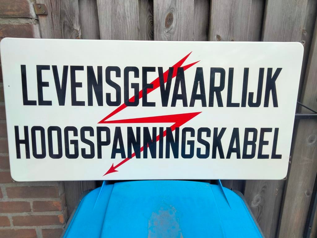 Mooi oud emaille reclamebord levensgevaarlijk hoogspanning k, Antiek en Kunst, Ophalen of Verzenden