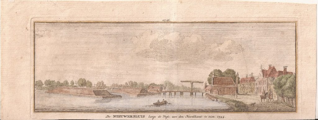 Nieuwersluis langs de Vegt, a.d.noordkant te zien 1744 gekle, Gesigneerd, Stadsgezicht, Ophalen of Verzenden, Gravure