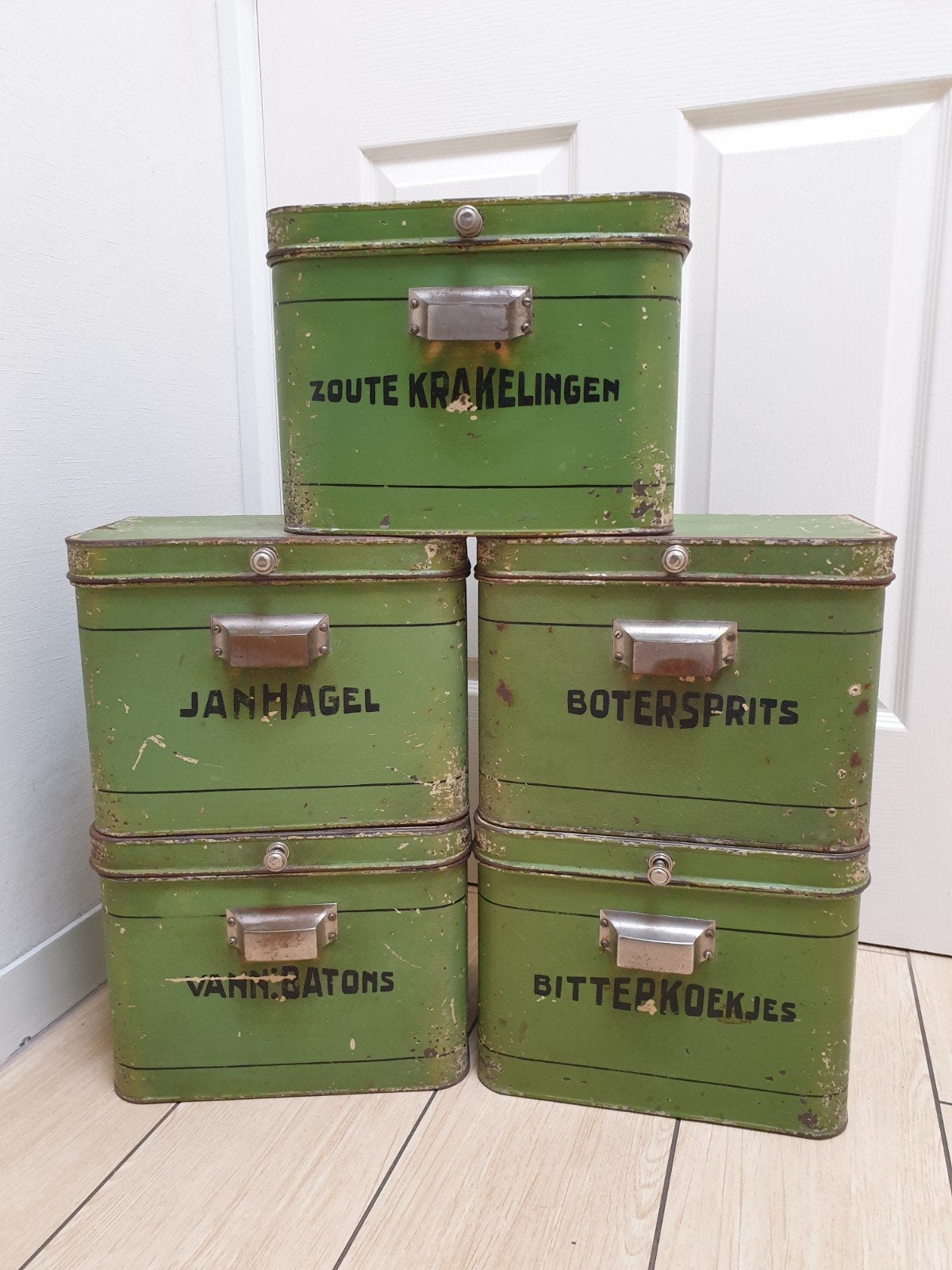set van vijf groene koekblikken, bakkersblikken., Verzamelen, Blikken, Ophalen of Verzenden, Zo goed als nieuw, Overige