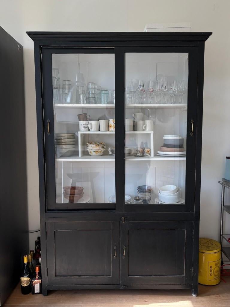 Vintage Wood Cabinet with Glass Doors, Ophalen, Gebruikt, 150 tot 200 cm, 150 tot 200 cm