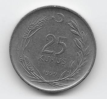 Turkije 25 kurus 1959 KM# 892.1, Verzenden, Midden-Oosten, Losse munt