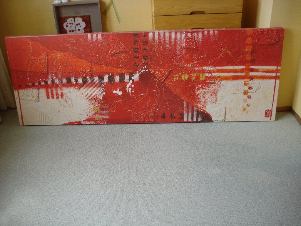 canvas schilderij ca 190x70 cm.Terra,oranje,ecru,zwart., Ophalen, 125 cm of meer, Zo goed als nieuw, Schilderij