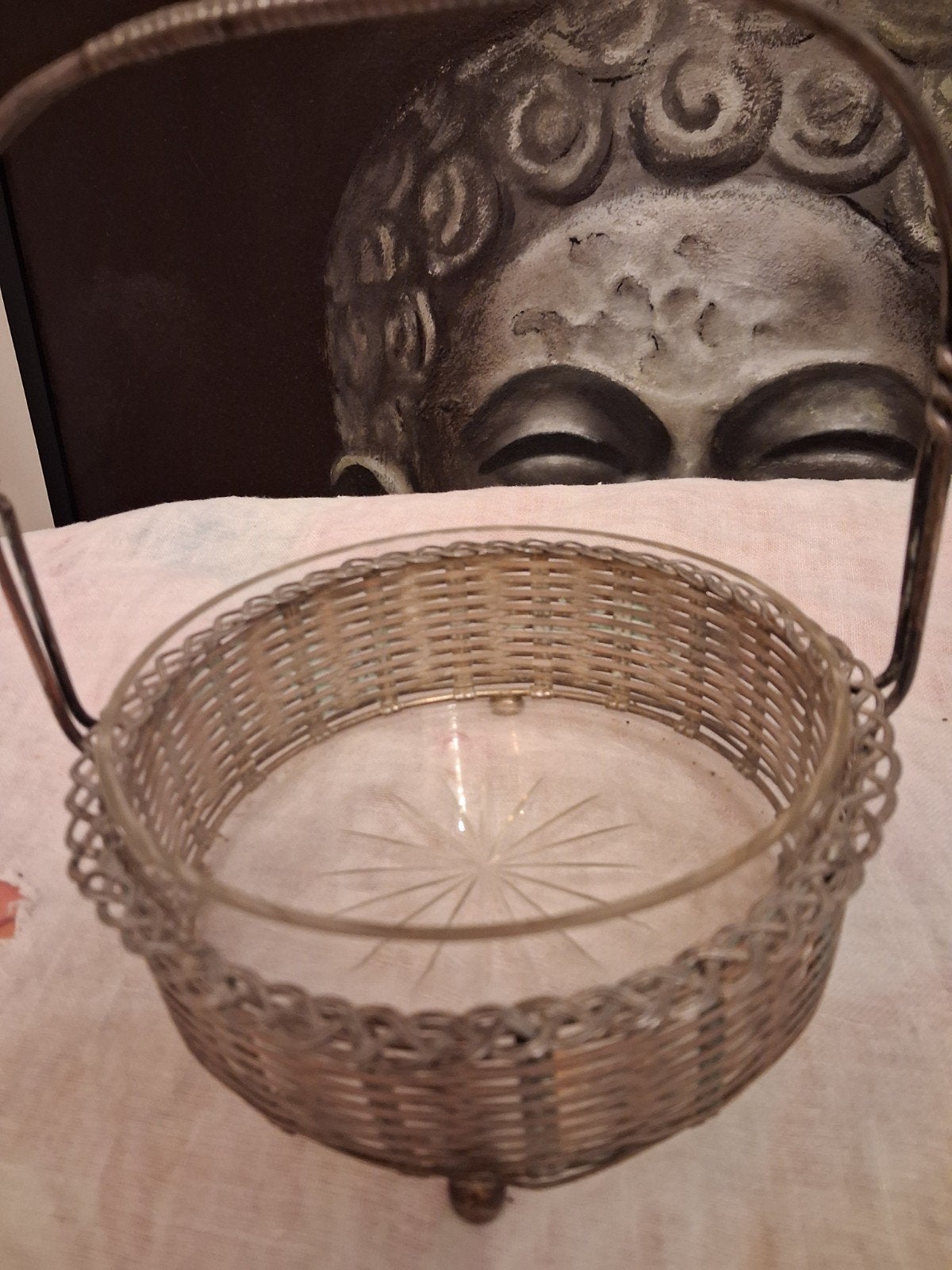 Vintage mandje met glazen schaal, Ophalen of Verzenden, Zilver