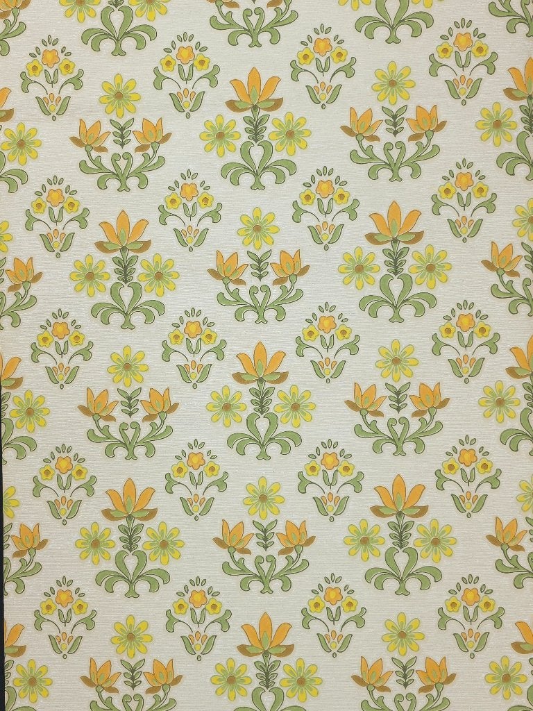 5610 vintage bloemenbehang geel groen, vrolijk en fris swiet, Ophalen of Verzenden, Groen