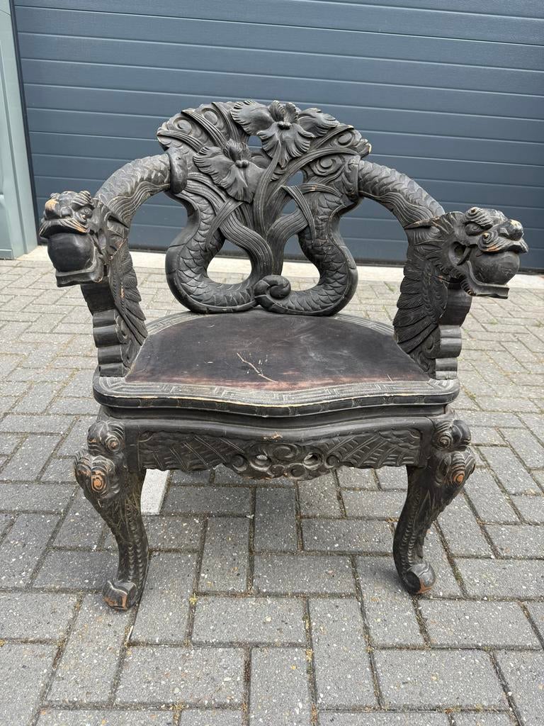 Antieke Japanse Draken Armstoel - Handgesneden Hout 1900, Antiek en Kunst, Ophalen of Verzenden