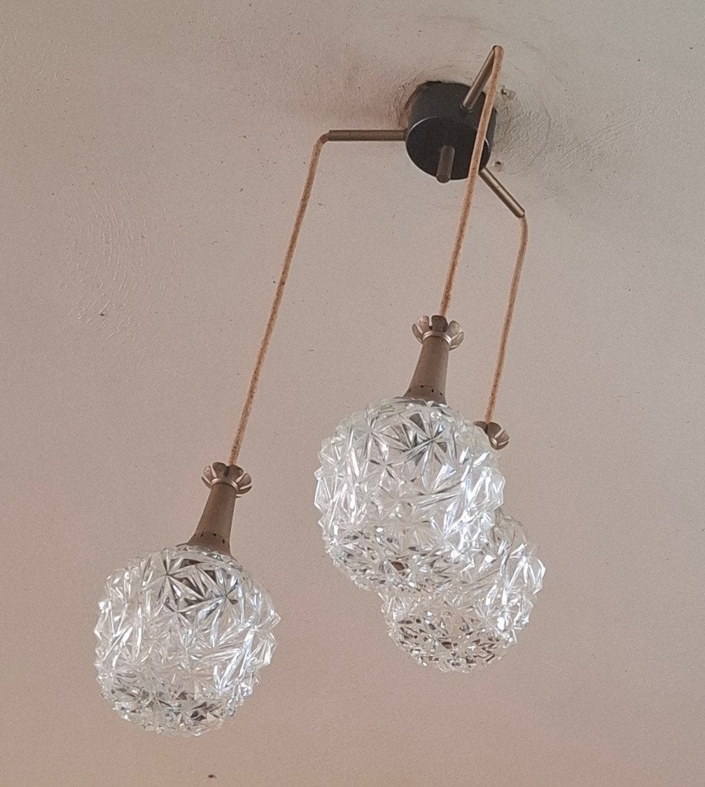 Vintage Plafondlamp met 3 Glazen Bollen, Huis en Inrichting, Lampen | Hanglampen, Ophalen of Verzenden, Gebruikt, Glas, Vintage, Retro