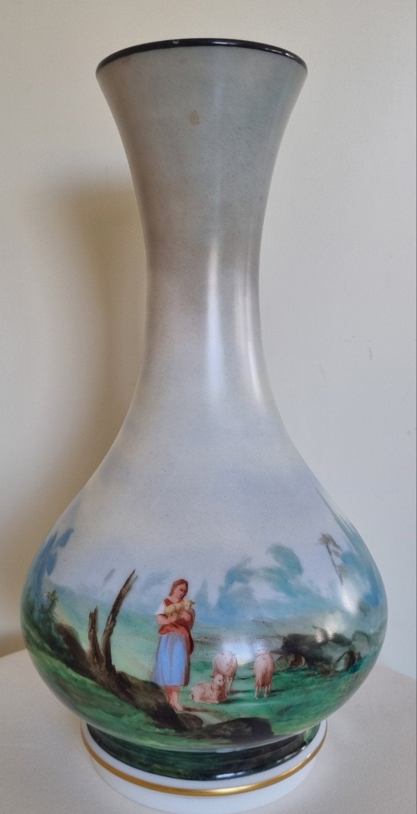 Antieke vaas handbeschilderd landschap figuur met schapen, Ophalen of Verzenden