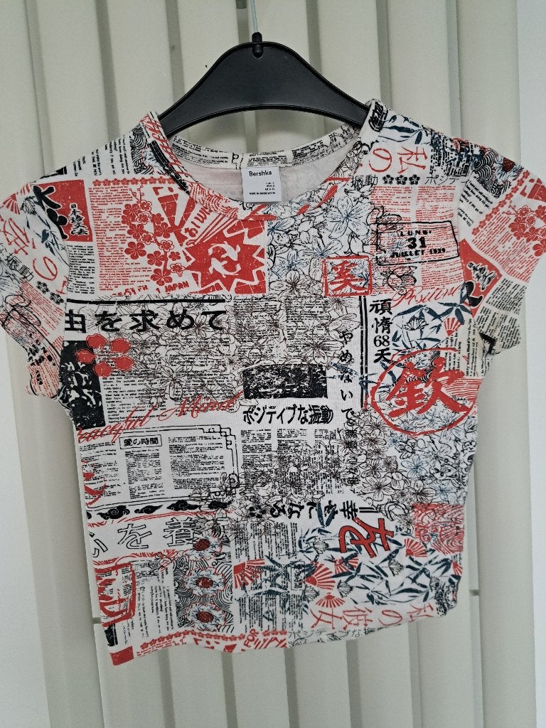 Wit rood zwart shirt van Bershka S, Zo goed als nieuw, Korte mouw, Maat 36 (S), Rood