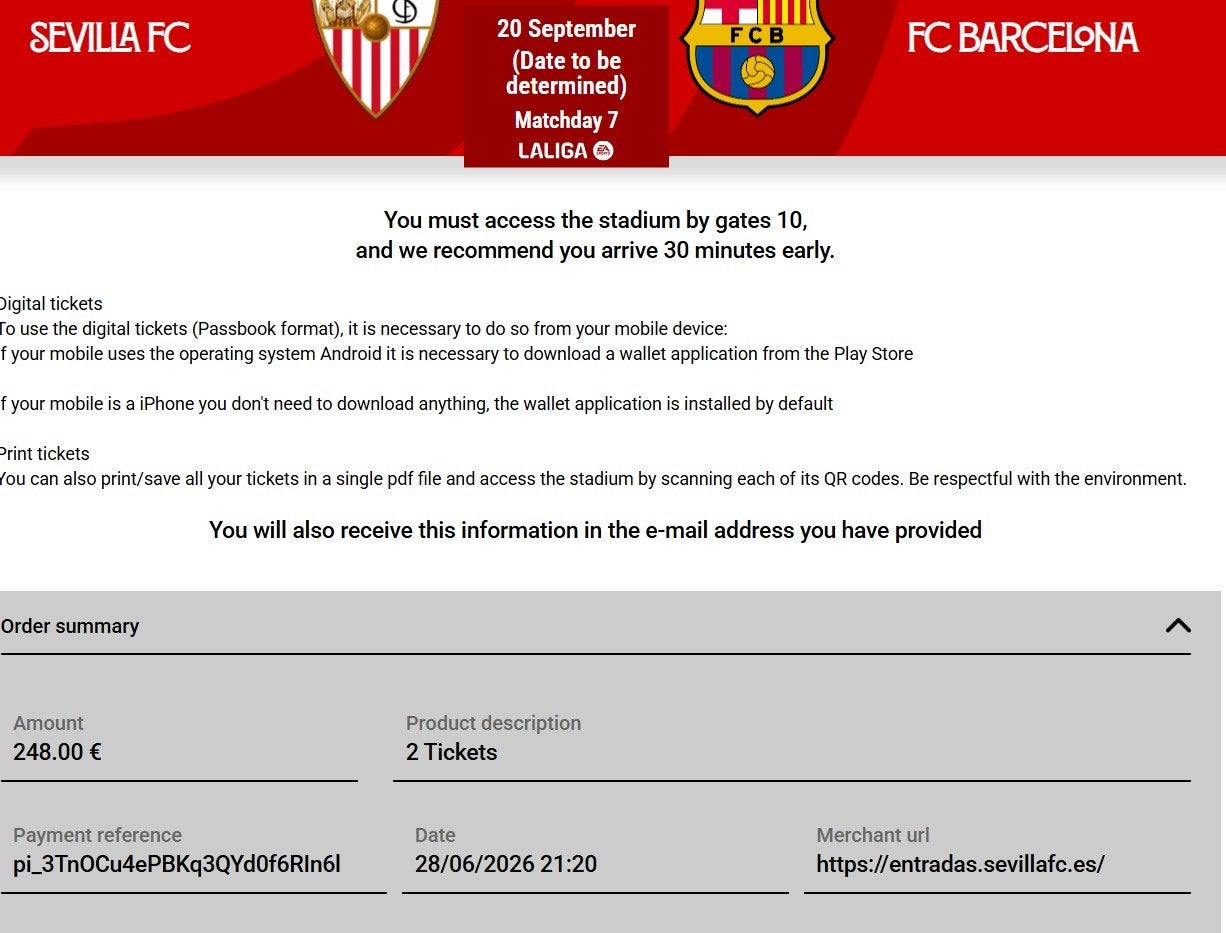 Tickets Sevilla-Barcelona 20 september 2026, 2 kaarten, Tickets en Kaartjes, Twee personen, September