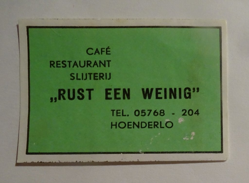 Restaurant Slijterij    RUST EEN WEINIG    HOENDERLO, Verzenden, Zo goed als nieuw, Luciferdoosjes of -merken