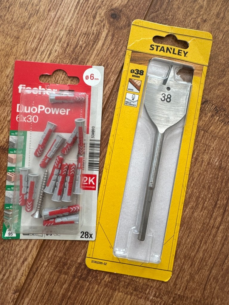 Stanley houtboor 38 mm + Fischer DuoPower pluggen, Ophalen of Verzenden, Zo goed als nieuw, Bitset, Stanley