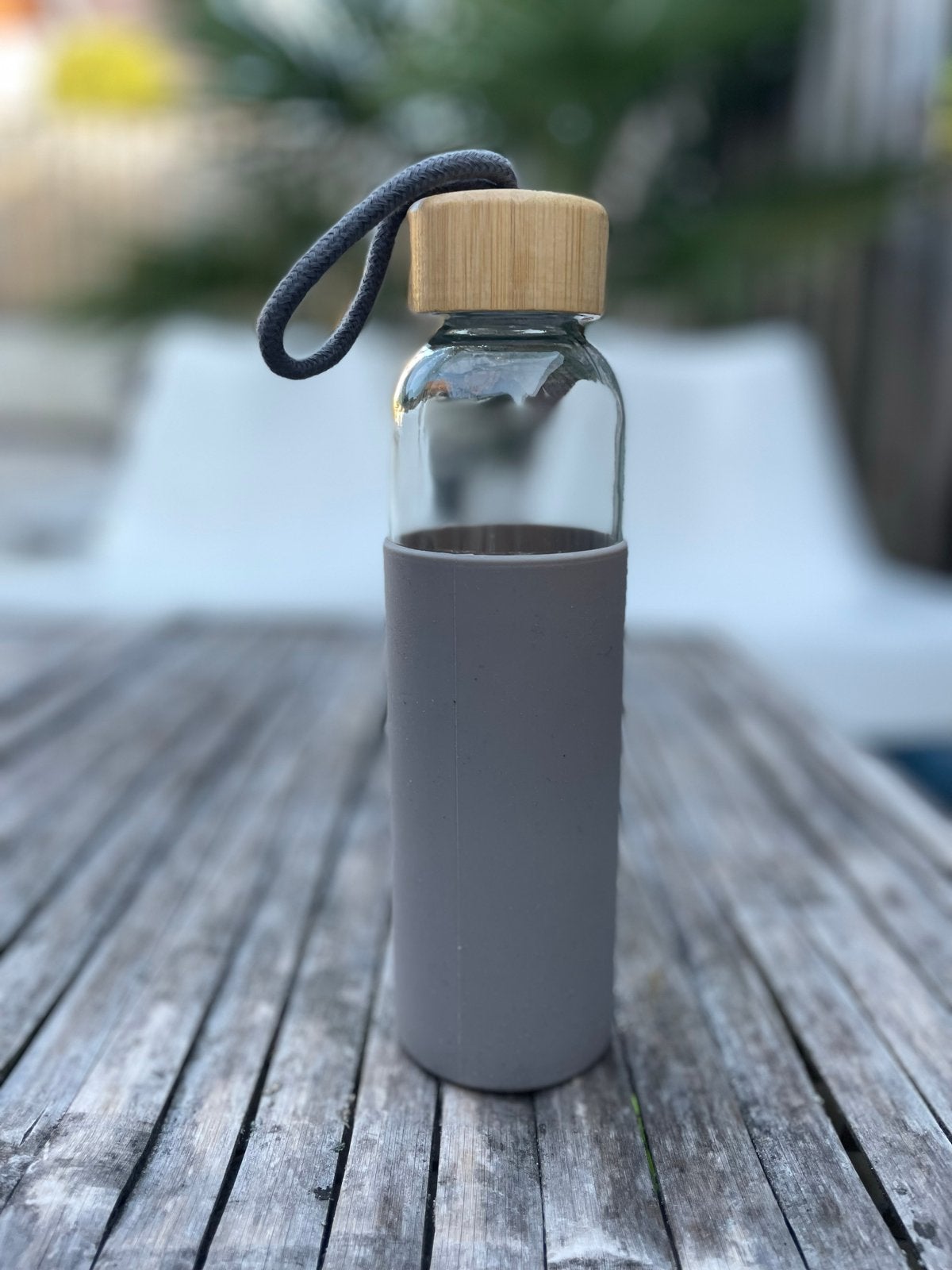 Glazen drinkfles met bamboe dop en siliconen hoes, Ophalen of Verzenden, Zo goed als nieuw
