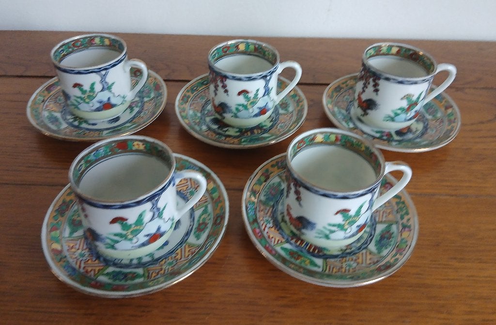 Vintage Japans set van 5 porselein kop en schotels, Ophalen of Verzenden, Zo goed als nieuw, Porselein, Kop en/of schotel