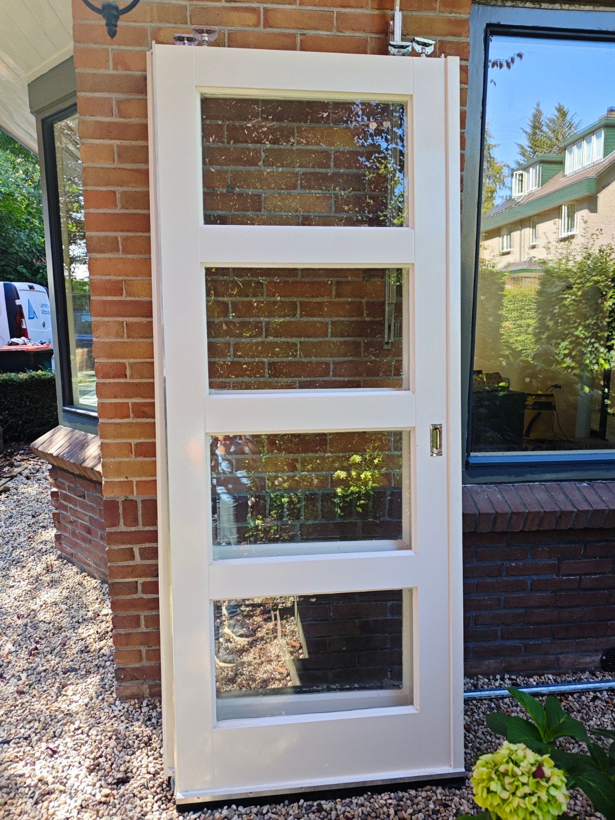 2 Witte houten schuifdeuren met glas (215x87,5) incl rail, Ophalen, Gebruikt, Deuren, Binnendeur