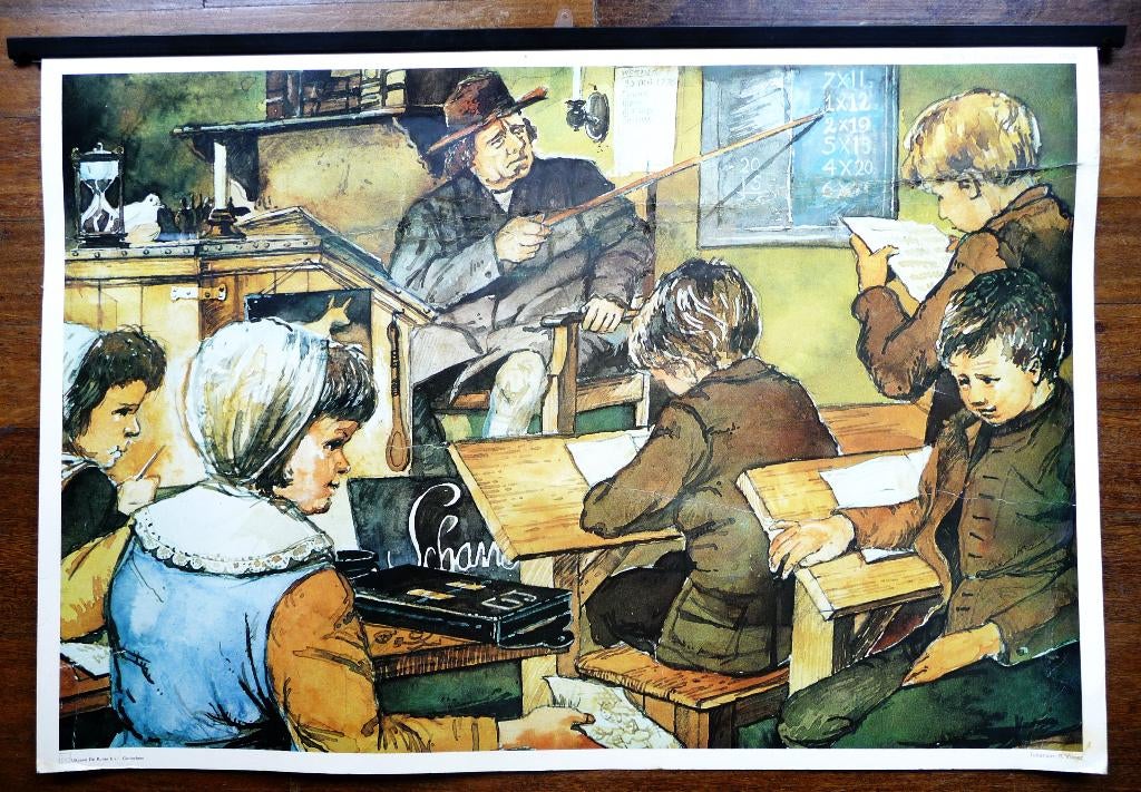 Oude schoolplaat met een zeer oud schooltje uit 1750, Antiek en Kunst, Antiek | Schoolplaten, Geschiedenis, Ophalen of Verzenden