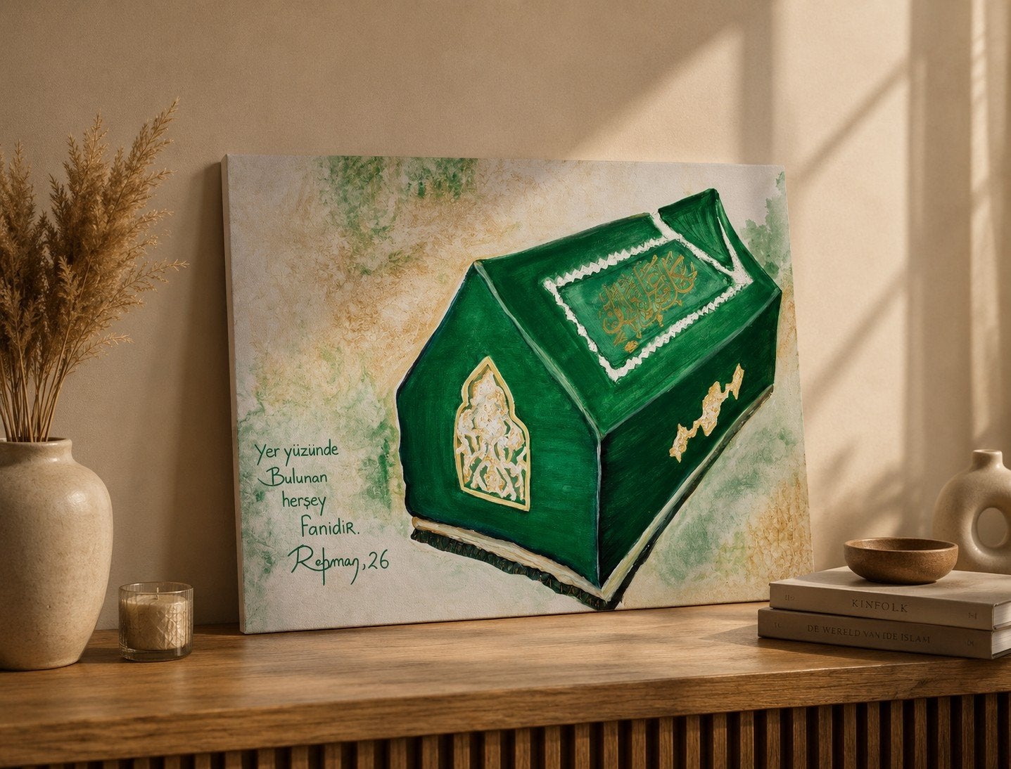 Handgeschilderd schilderij: Grafkist met Koranvers (50x40cm), Ophalen of Verzenden