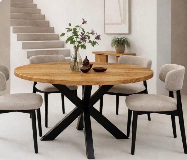 Gezocht gevraagd eettafel mango 130 cm, Ophalen of Verzenden, Zo goed als nieuw, Rond, 100 tot 150 cm