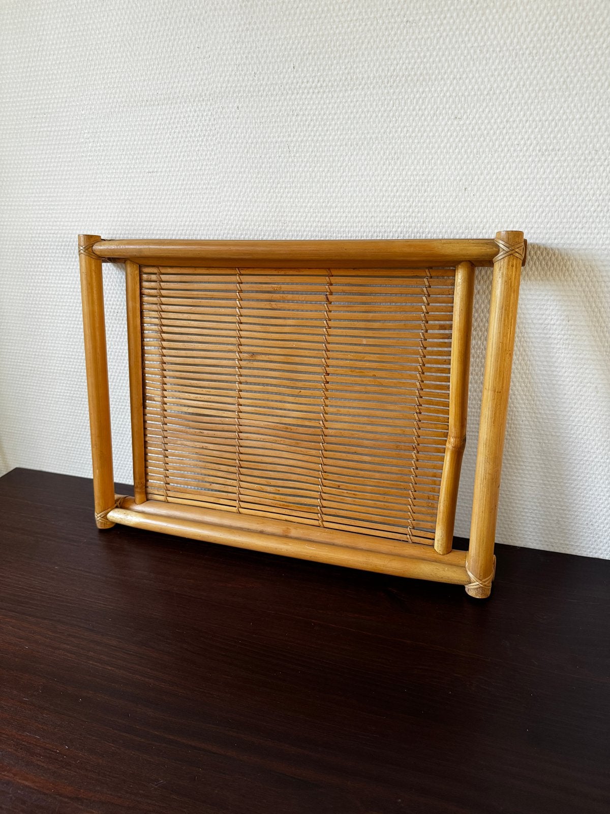 Groot Vintage Bamboe Houten Dienblad, Serveer Tray, Retro, Gebruikt, Ophalen of Verzenden, Dienblad, Rechthoekig