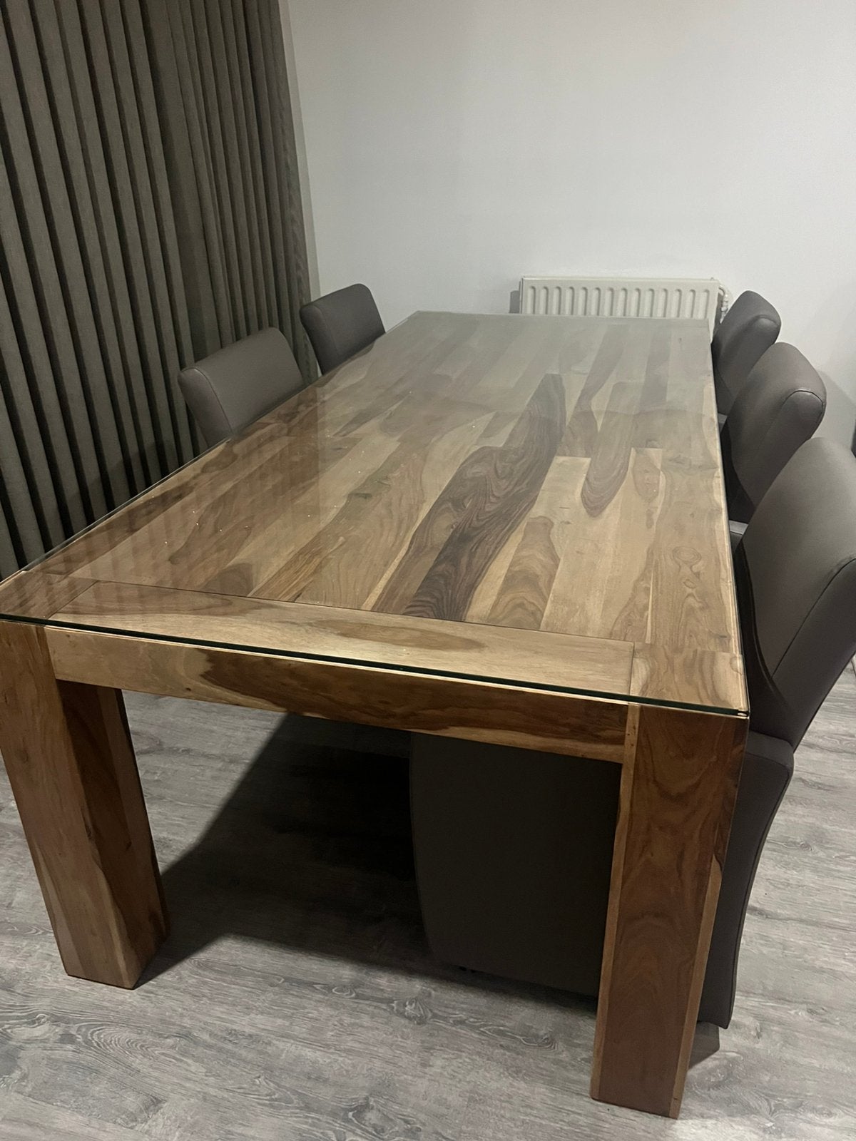 Massief eiken eettafel 250 x 11 + beschermplaat + 6 stoelen, Ophalen of Verzenden