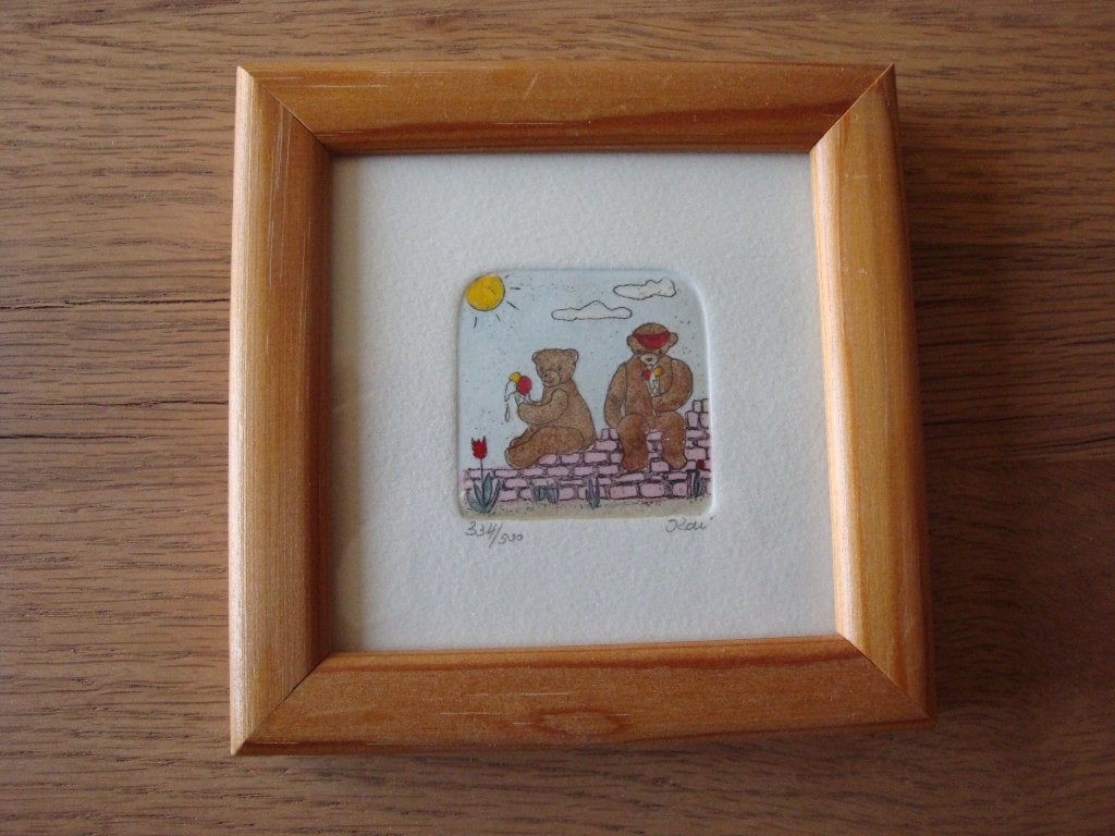 Ingelijst prentje twee beren gesigneerd gelimiteerde oplage, 1980 tot heden, Ophalen of Verzenden, Zo goed als nieuw, Dier