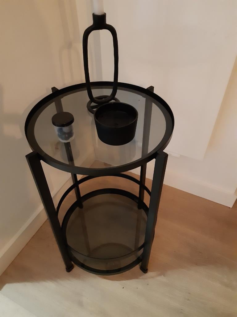 2x Jisk sortebro trolley op wielen - Zwart metaal met glas, Huis en Inrichting, Minder dan 55 cm, Metaal of Aluminium, Rond, Zo goed als nieuw