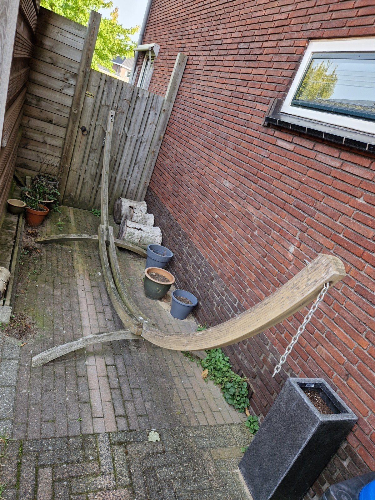 Houten hangmat standaard 3,50 mtr, Ophalen, Gebruikt, Eenpersoons, Binnen