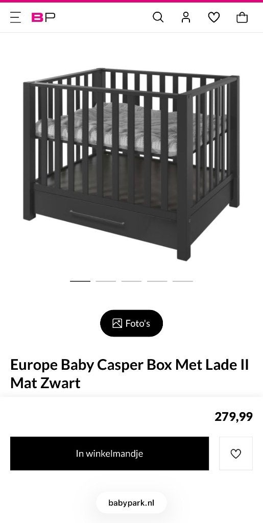Europe Baby Casper Box Met Lade II Mat Zwart, Ophalen, Zo goed als nieuw, In hoogte verstelbaar