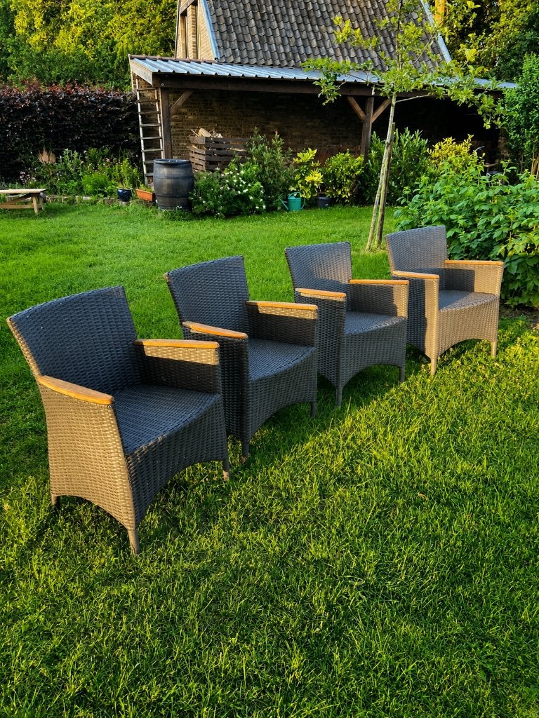 Wicker stoelen met houten armleuningen bois le duc 4 stuks, Ophalen, Zo goed als nieuw, Wicker
