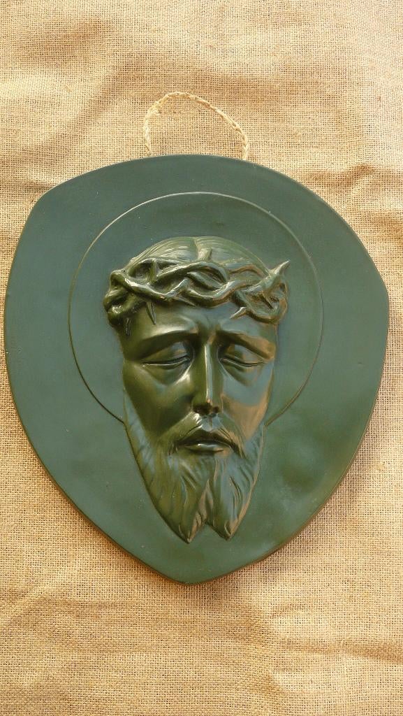 Christushoofd van gebakken aardewerk  - jaren 1930, Ophalen of Verzenden, Gebruikt, Beeld(je)