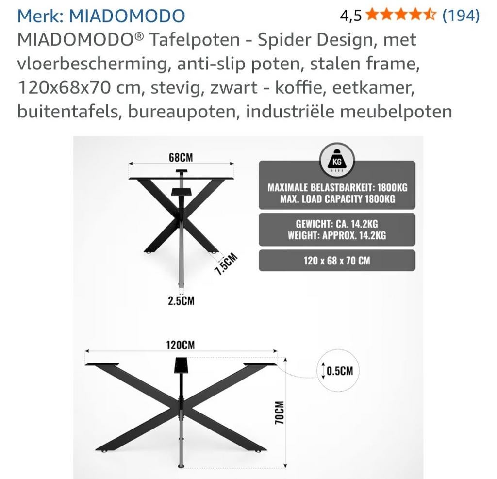 Spin Tafelpoot - 70cm hoog, 120x68cm, Ophalen, Gebruikt, 50 tot 100 cm, 100 tot 150 cm