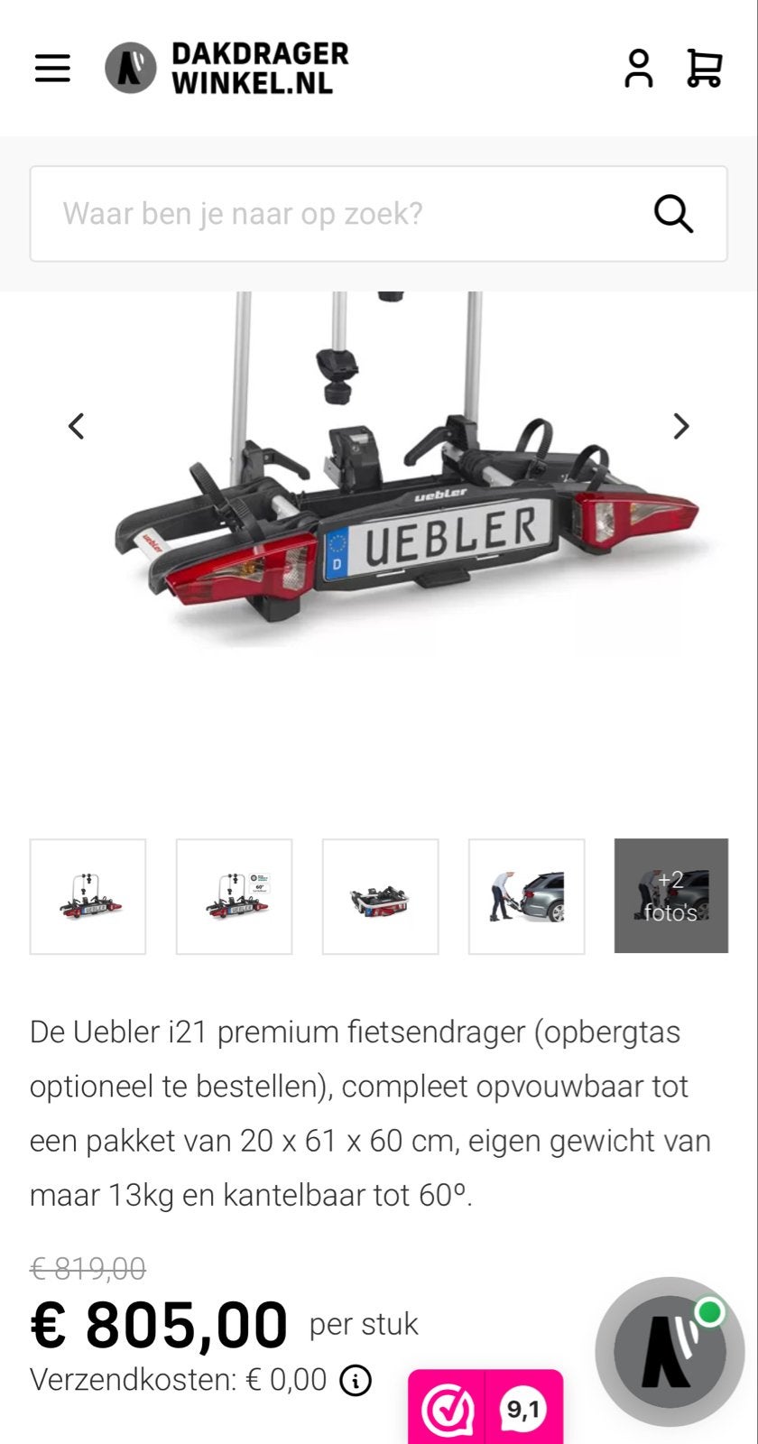 Uebler i21 Fietsendrager, Auto diversen, Gebruikt, Ophalen of Verzenden, 2 fietsen, Trekhaakdrager