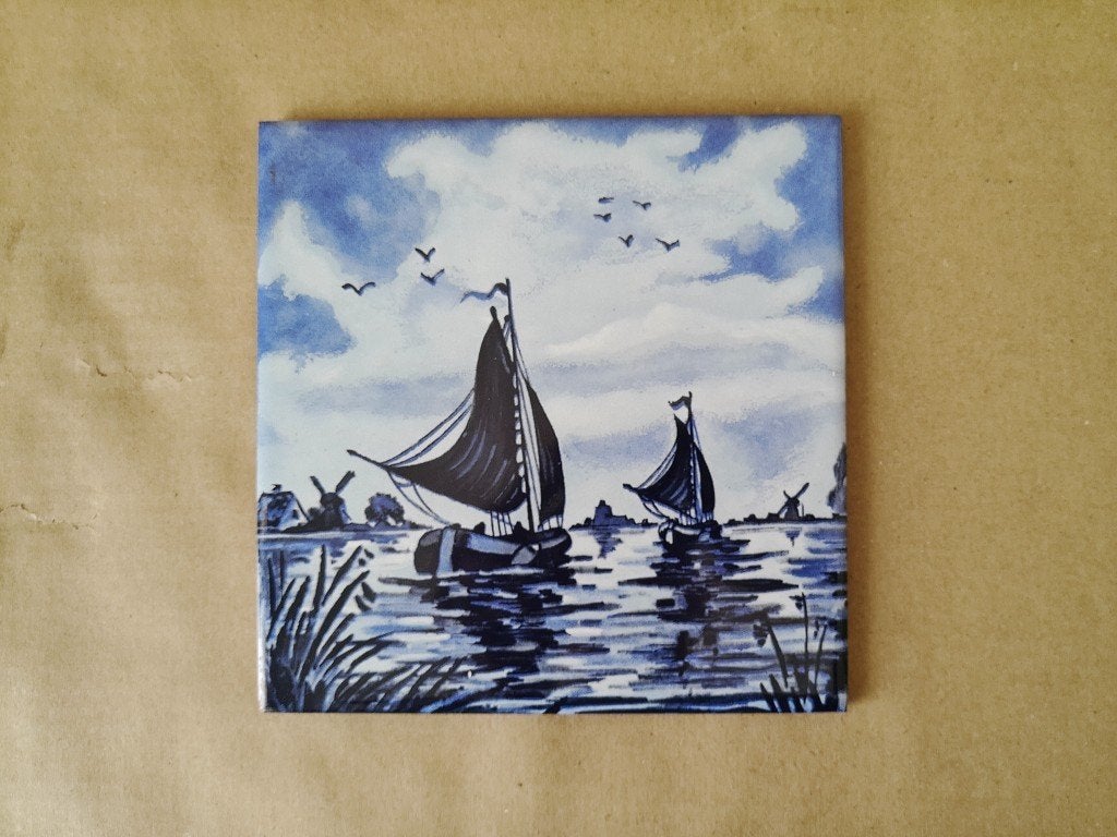 Vintage Delfts blauw gekleurde tegel schepen en molens 15x15, Ophalen of Verzenden