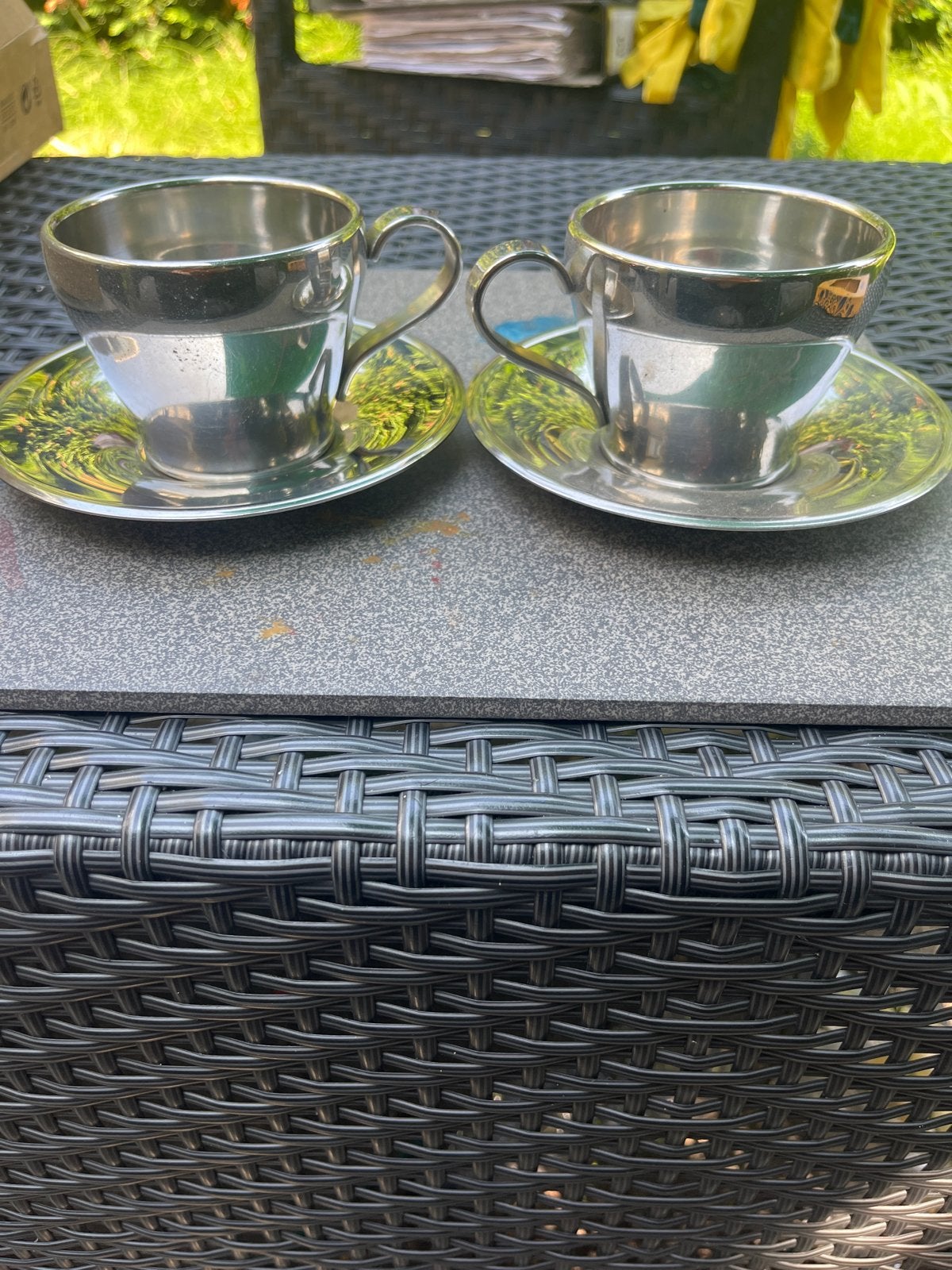 Meber kop en schotels, vintage italiaans design, Ophalen, Gebruikt, Metaal