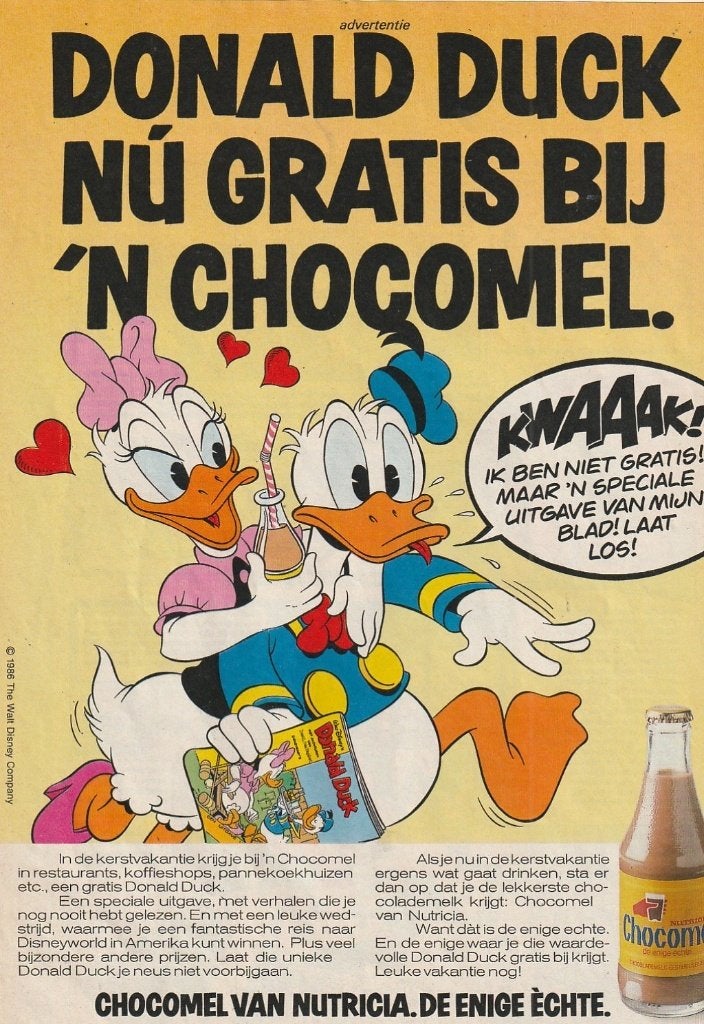 Retro reclame 1984 Nutricia Chocomel Donald Duck uitgave, Verzamelen, Retro, Overige typen, Verzenden