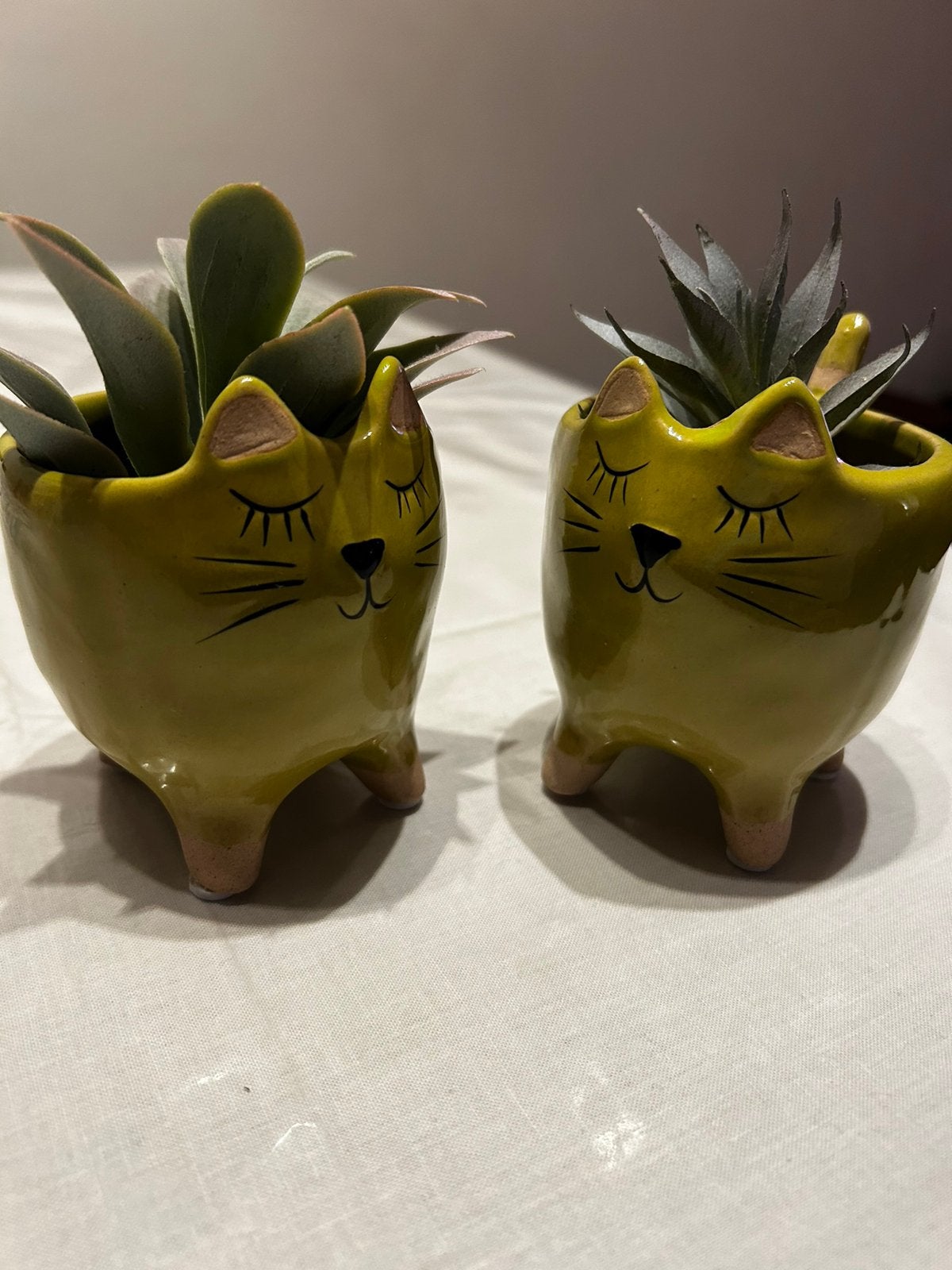 2 schattige poezen bloempotjes/ bakjes van keramiek, Ophalen of Verzenden, Zo goed als nieuw