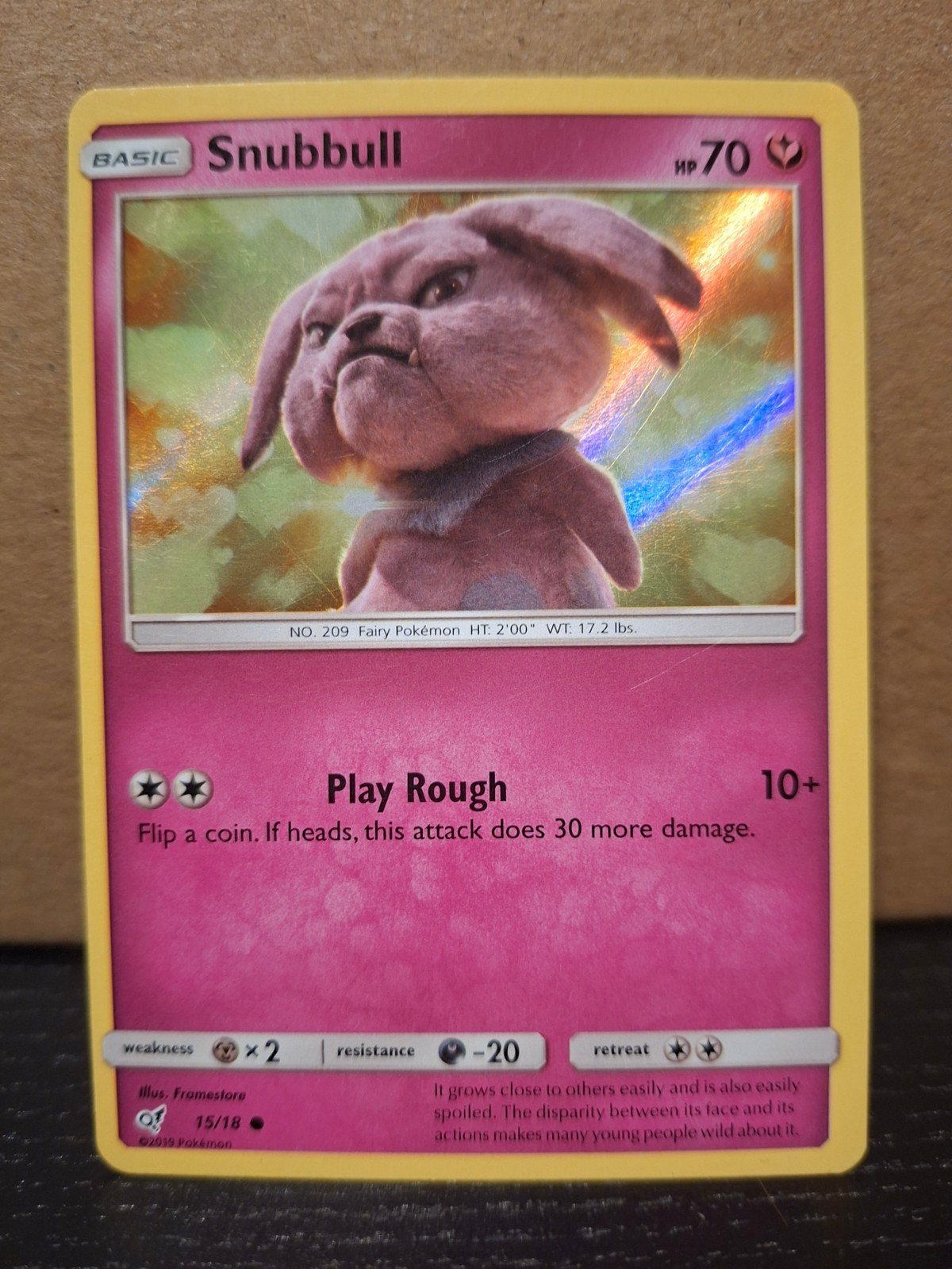 Snubbull 15/18 - Detective Pikachu - Holo Pokémon Kaart, Ophalen of Verzenden, Zo goed als nieuw, Losse kaart, Foil