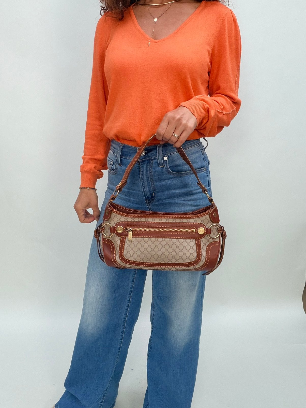 Authentieke Vintage Céline Macadam Baguette Schoudertas, Ophalen of Verzenden, Zo goed als nieuw, Bruin, Handtas