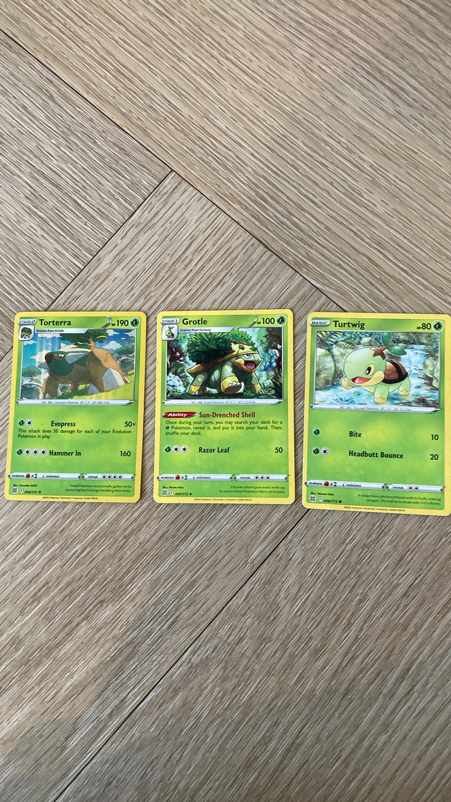 Pokémon kaarten: Turtwig, Grotle, Torterra evolutie set, Ophalen of Verzenden, Zo goed als nieuw, Meerdere kaarten